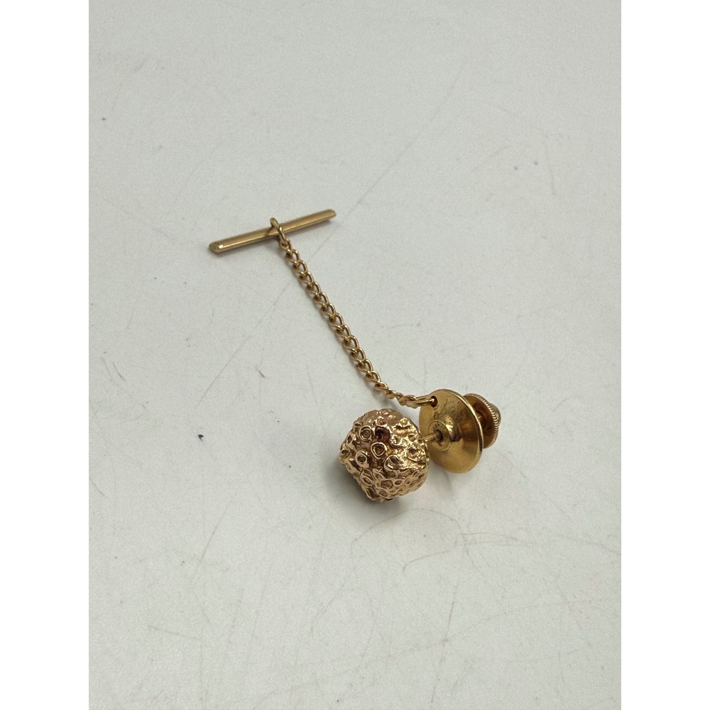 Vintage Gold Tone Textured Nugget Tie Tack with T-Bar Safety Chain Accessory